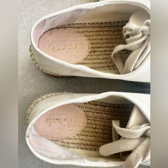 Gucci Cream Canvas Logo Lace-Up Platform Espadrilles Sz 38.5 Collapsible Heels - Picture 8 of 10